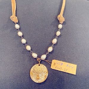 Buffalo Pendant with Pearl Accents and Light Tan Leather